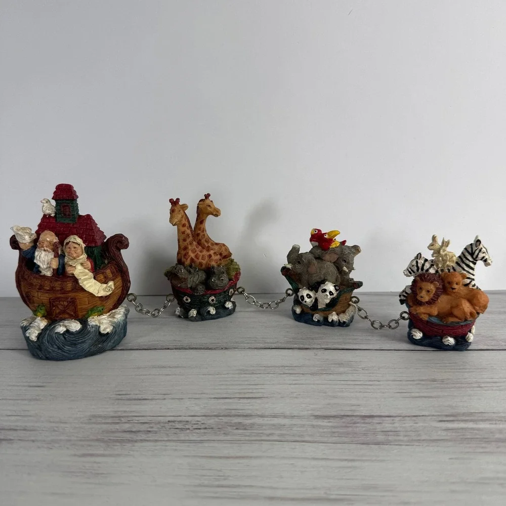 Vintage Noahs Ark Figurine Set 4 Piece Resin Animal Boat Chain Linked Decor